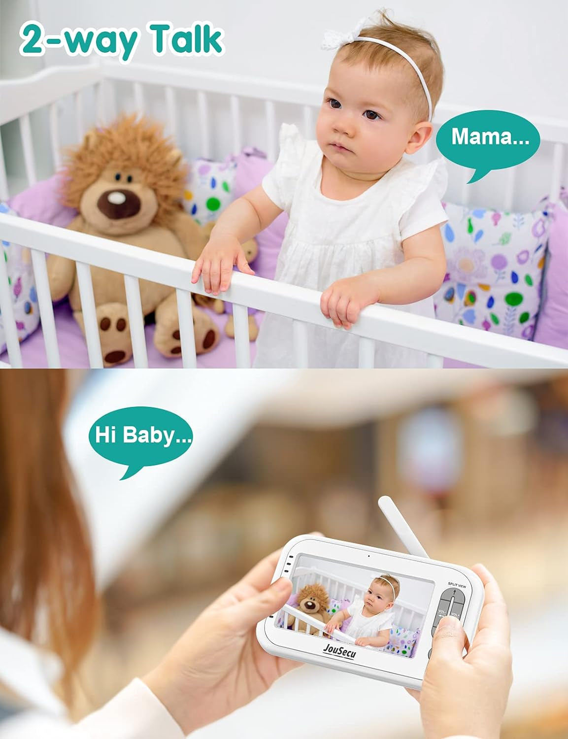 Baby Monitor with 2 Camera and Audio 4.3" LCD Split Screen 1000Ft Range Rechargeable Battery 2-Way Audio Baby Crying Detection Night Vision Temperature Detection (No Remote Pan-Tilt-Zoom Function)