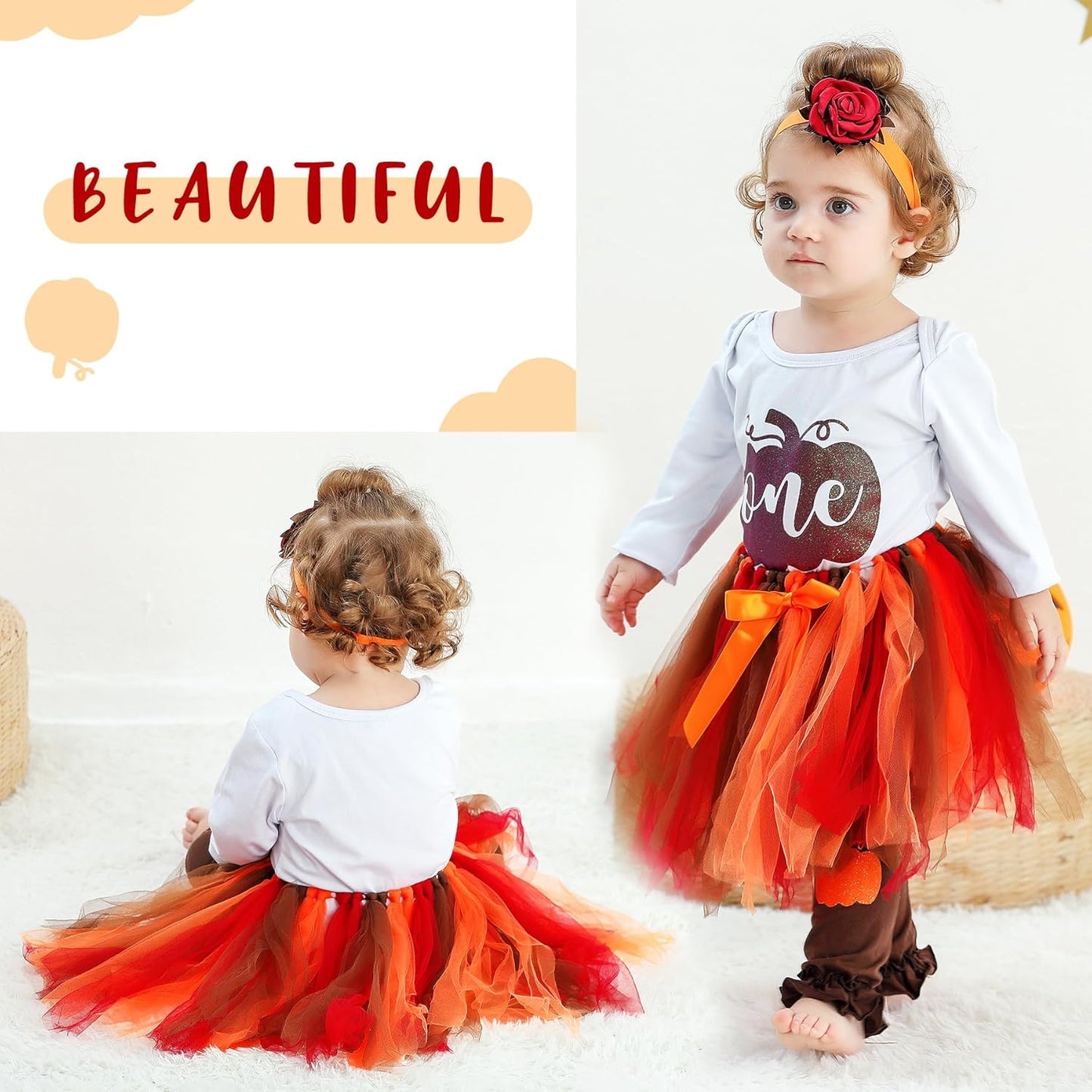 Baby Girl One 1St Birthday Outfits Pumpkin Long Sleeve Romper Tulle Tutu Skirt Headband Fall Clothes Set