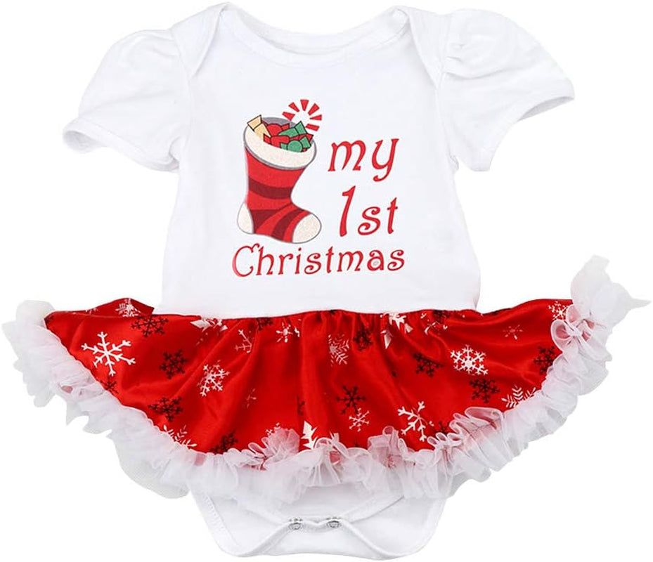 Baby Girls My First Christmas Outfit Newborn Infant 1St Xmas Princess Tutu Romper Dress + Headband + Shoes 3Pcs