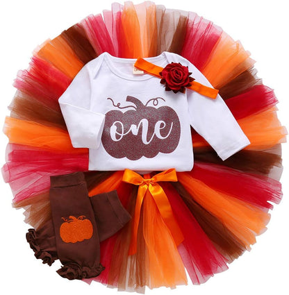 Baby Girl One 1St Birthday Outfits Pumpkin Long Sleeve Romper Tulle Tutu Skirt Headband Fall Clothes Set