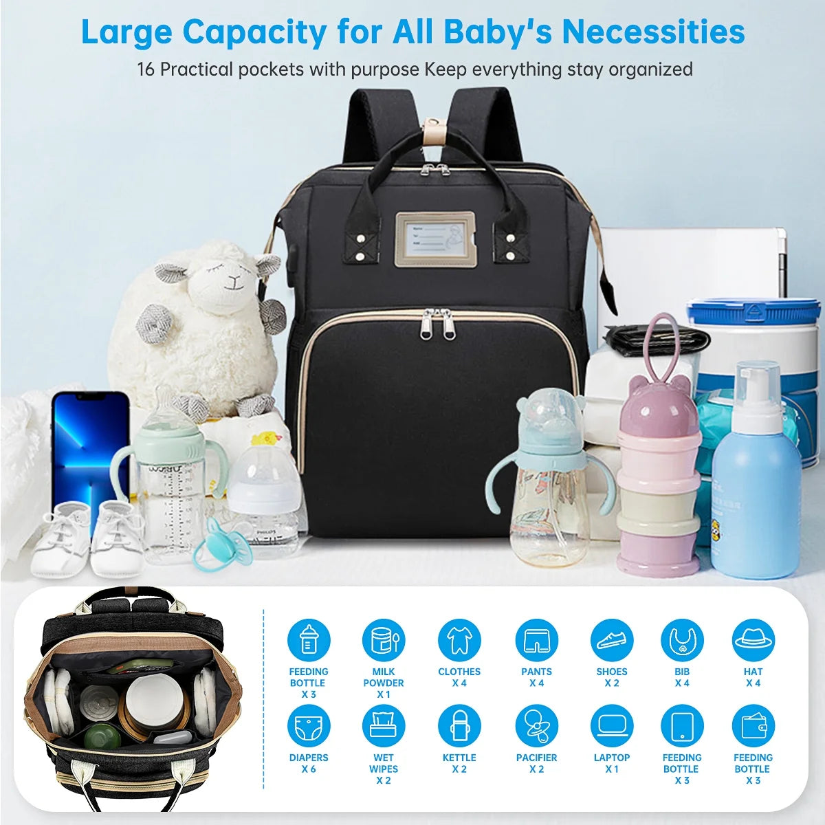 Diaper Bag Backpack, Multifunctional Baby Diaper Bag with Changing Station, Large Capacity Travel Backpack with Insulated Milk Bottle Pocket&Foldable Crib, USB Charging Port(Black)