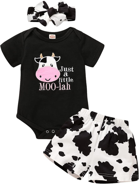 Infant Baby Girl Clothes Summer Black Embroidered Cow Letters Print Romper Cow Spots Shorts Set Toddler Outfits