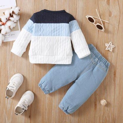 3 Months Baby Boys Clothes 6 Months Boys 2PCS Fall Winter Clothing Set round Neck Infant Boys Long Sleeve Top Denim Pants Set Blue