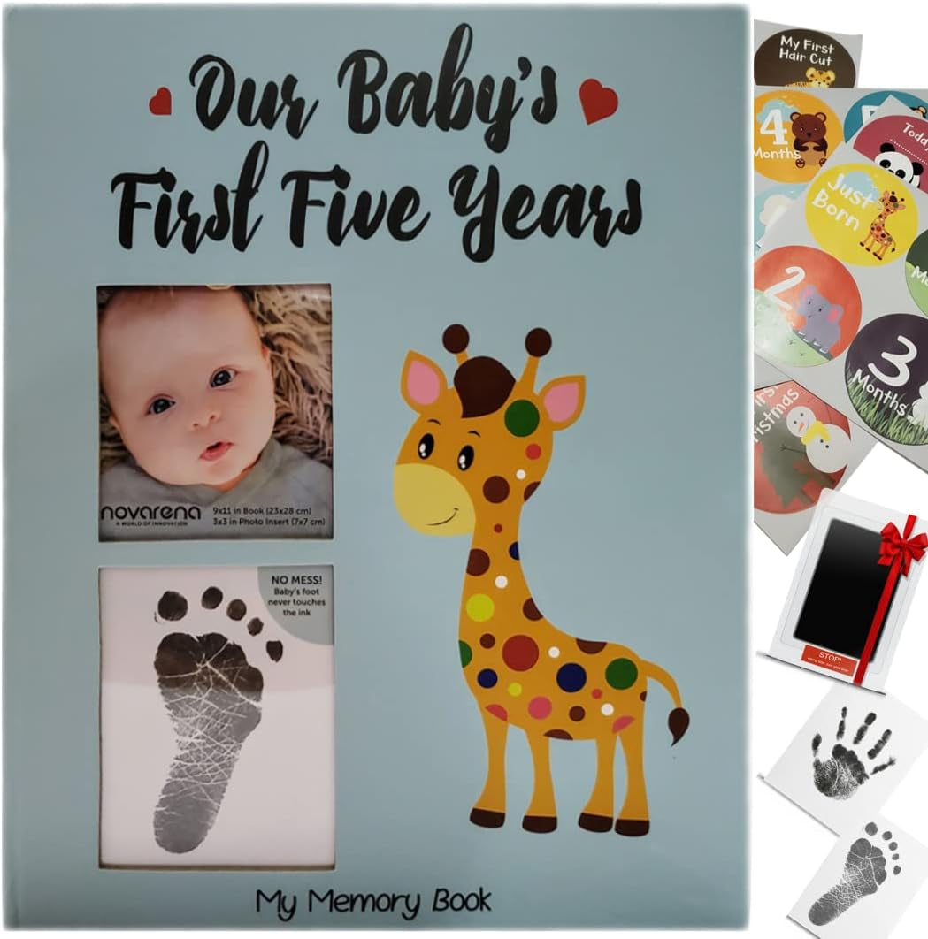 First 5 Years Baby Memory Book Journal Scrapbook 48 Pack Monthly Milestones Stickers & Clean-Touch Baby Safe Ink Pad