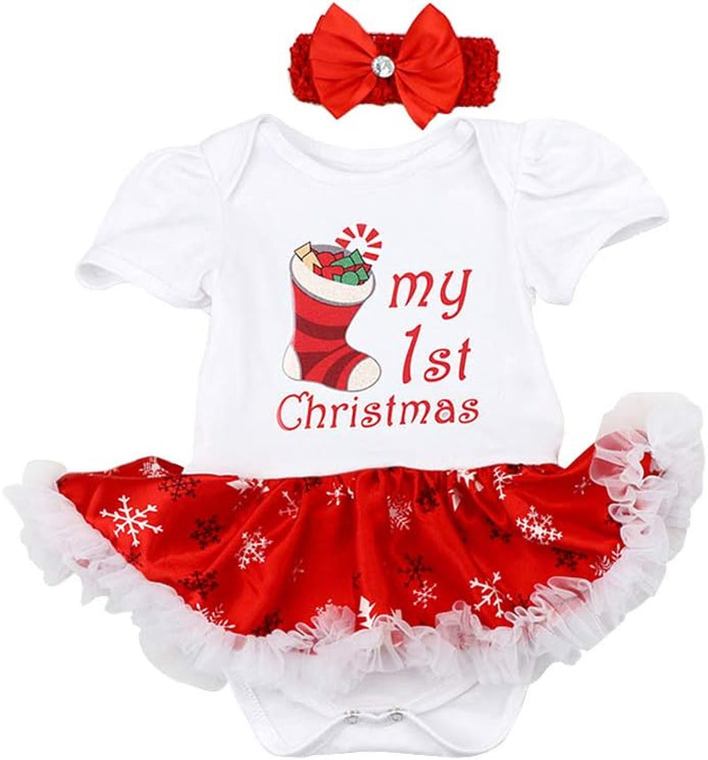 Baby Girls My First Christmas Outfit Newborn Infant 1St Xmas Princess Tutu Romper Dress + Headband + Shoes 3Pcs