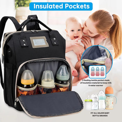 Diaper Bag Backpack, Multifunctional Baby Diaper Bag with Changing Station, Large Capacity Travel Backpack with Insulated Milk Bottle Pocket&Foldable Crib, USB Charging Port(Black)