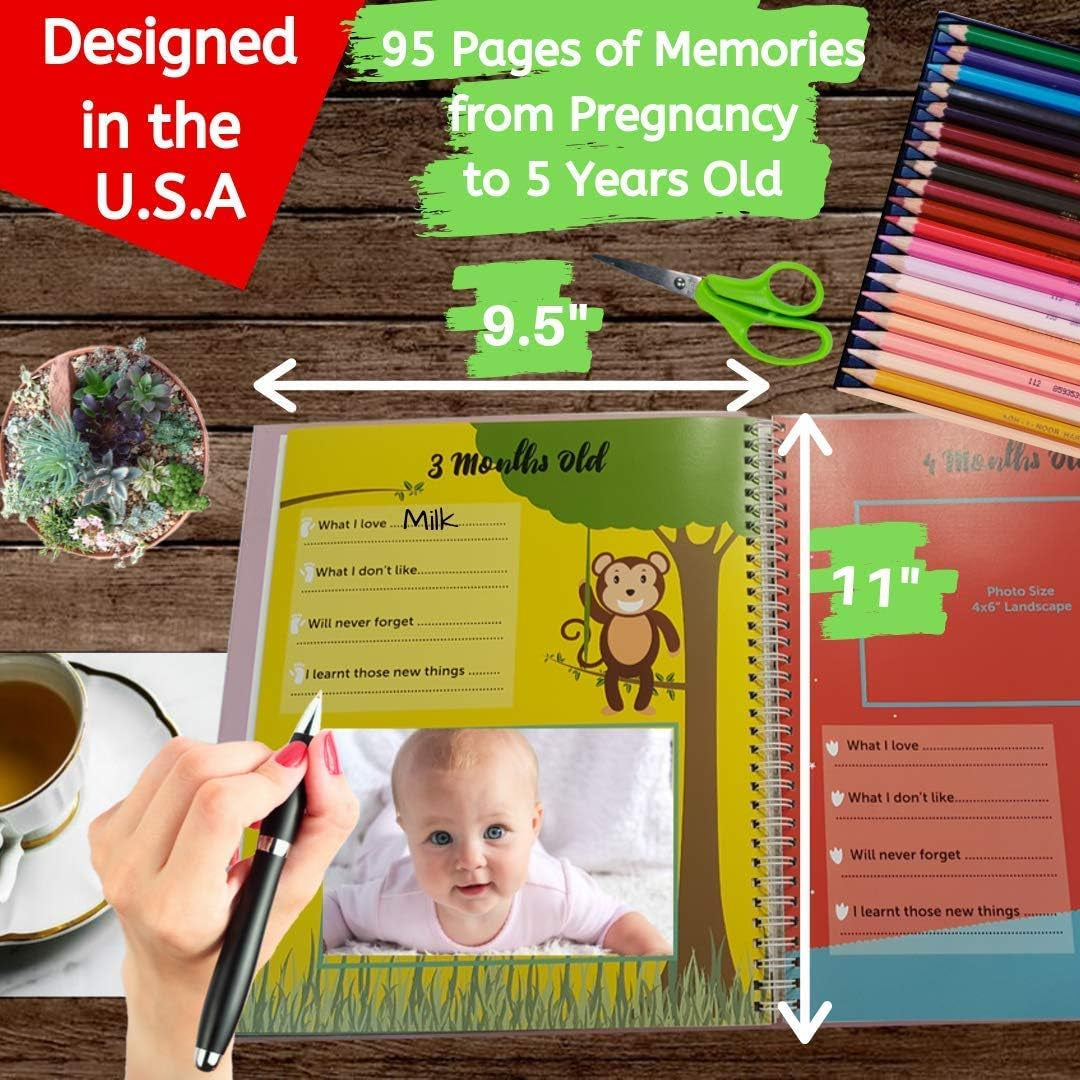 First 5 Years Baby Memory Book Journal Scrapbook 48 Pack Monthly Milestones Stickers & Clean-Touch Baby Safe Ink Pad