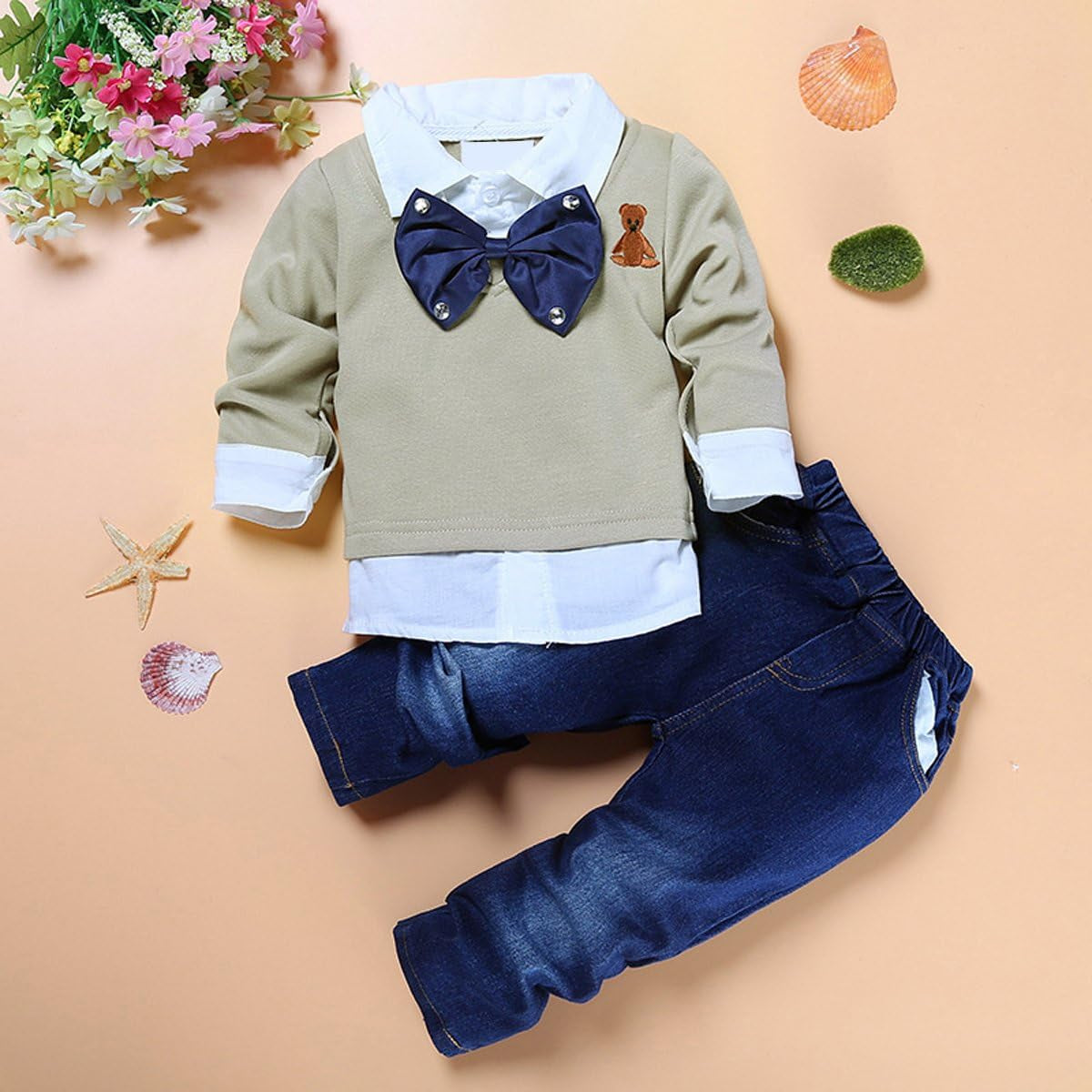 2Pcs Toddler Baby Boys Bow Tie Shirt Tops+Denim Pants Gentleman Clothes Outfits