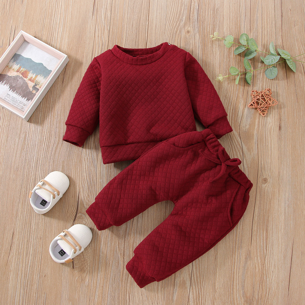 2Pcs Unisex Baby Boy Girl Solid round Neck Long-Sleeve Outfits Set Newborn Clothes Pajamas