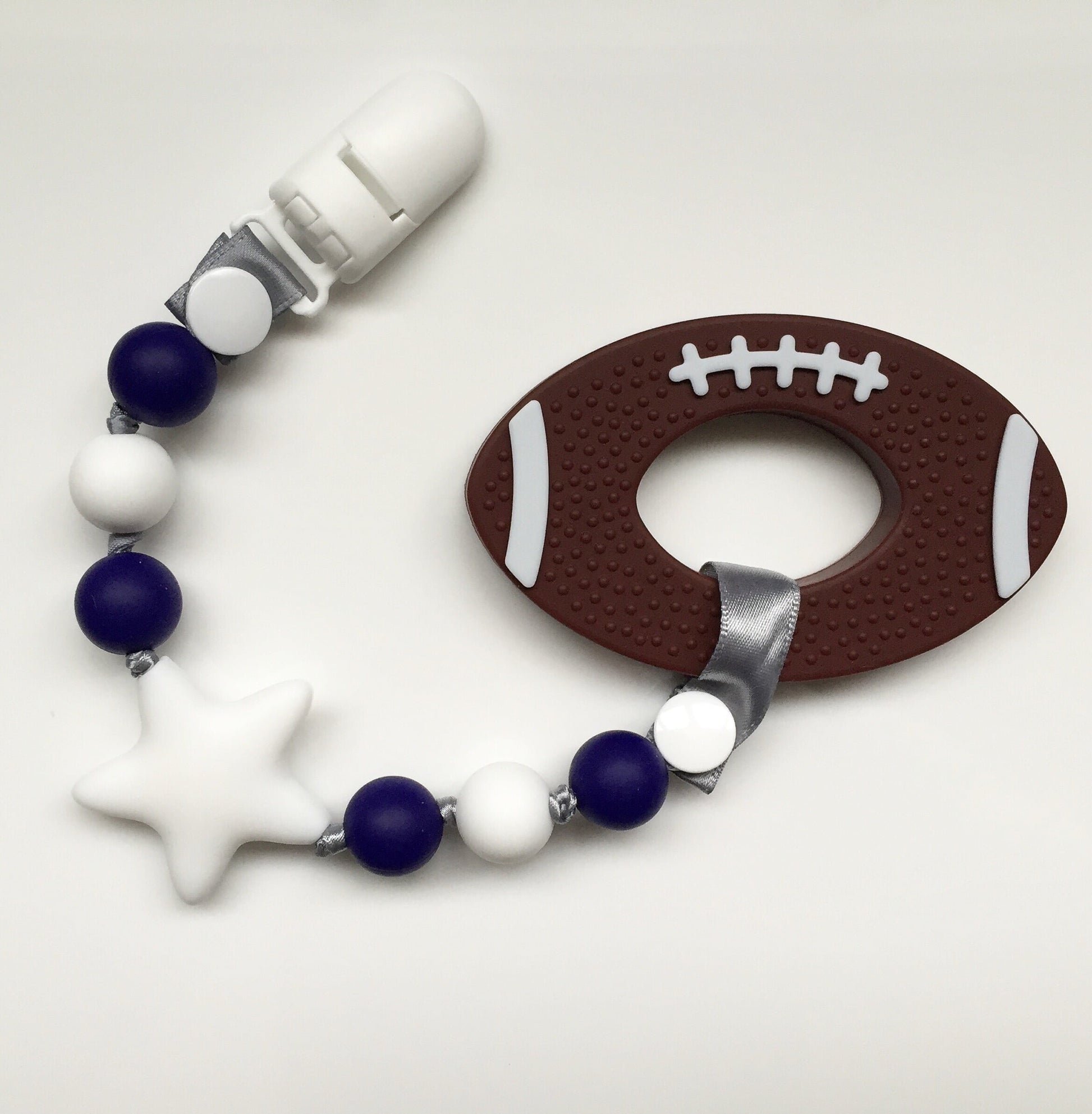 Football Baby Teething Toy with Pacifier Clip Boy or Girl Teether (Navy, White)