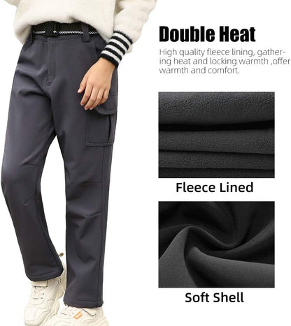 Boy'S Fleece Lined Hiking Pants Waterproof Windproof Warm Soft Shell Outdoor Cargo Pants Snow Ski Walking Trousers