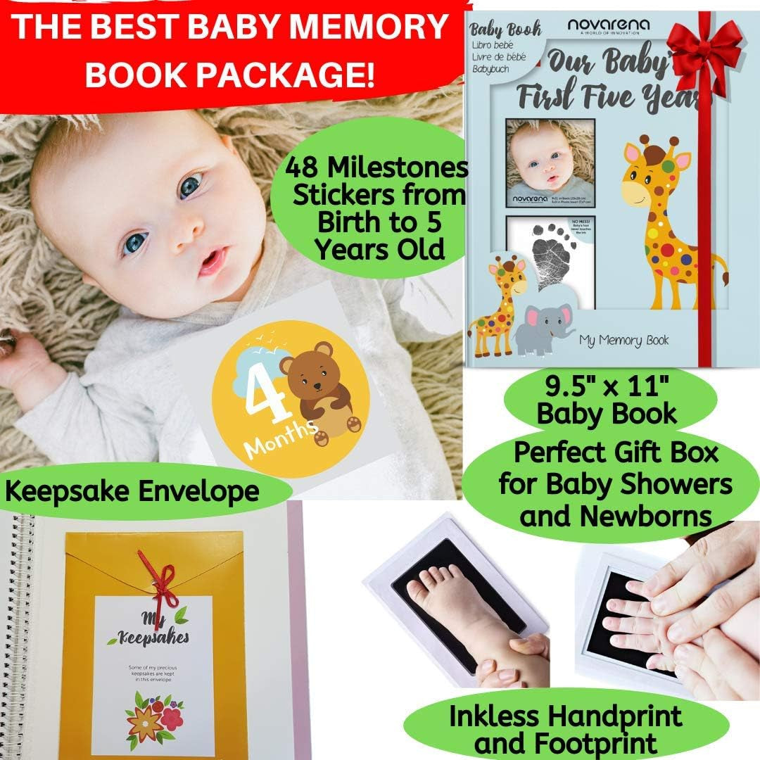 First 5 Years Baby Memory Book Journal Scrapbook 48 Pack Monthly Milestones Stickers & Clean-Touch Baby Safe Ink Pad