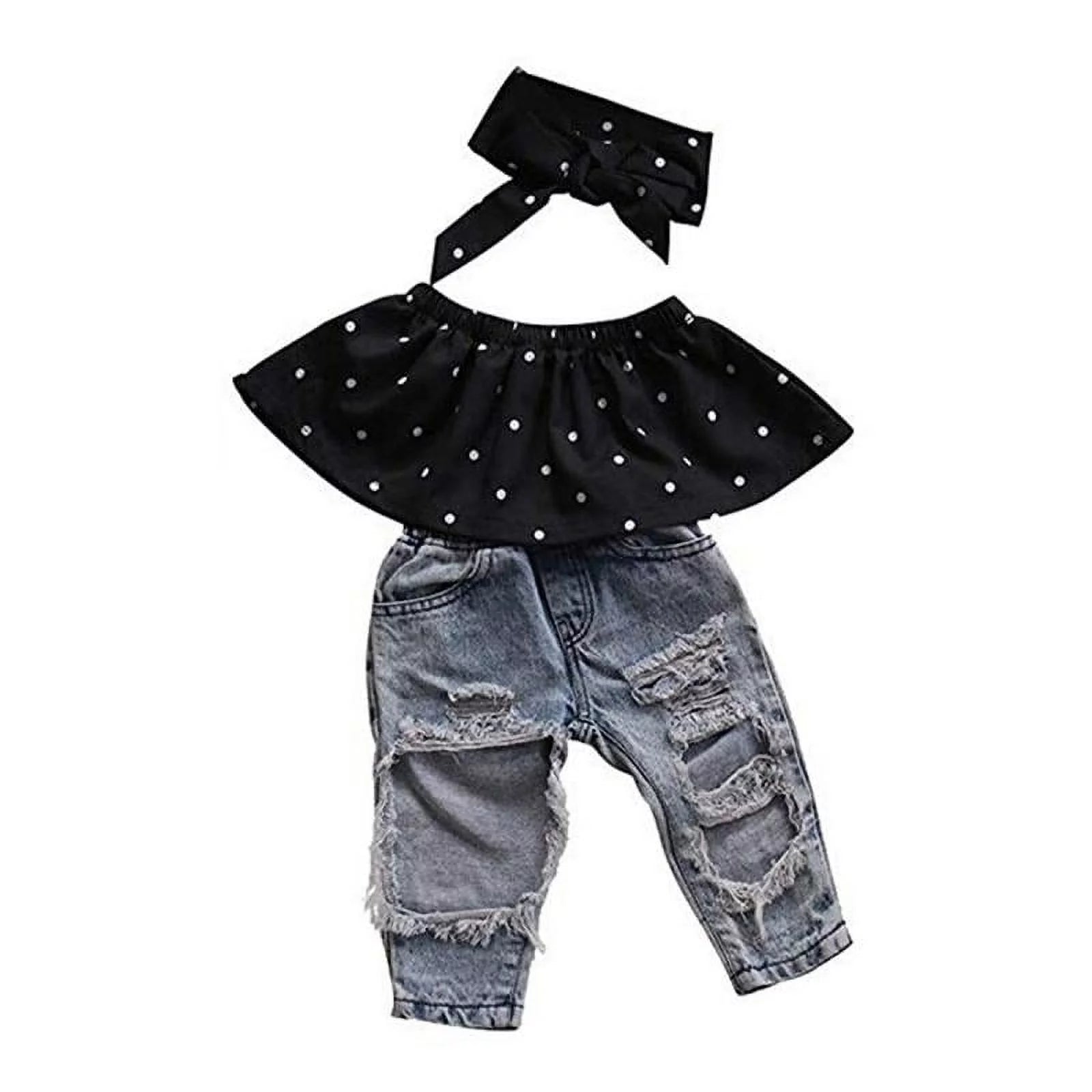 Baby Little Girls Summer Clothes off Shoulder Polka Dot Top Destroyed Ripped Jeans Outfit Set