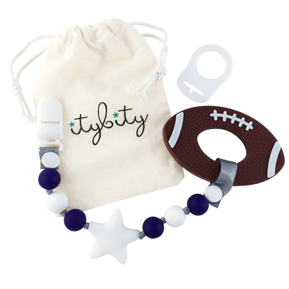 Football Baby Teething Toy with Pacifier Clip Boy or Girl Teether (Navy, White)