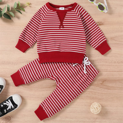 Fall Baby Girl Clothes Cotton Boy Long Sleeve Striped Pullover and Trousers Set, 3 Years