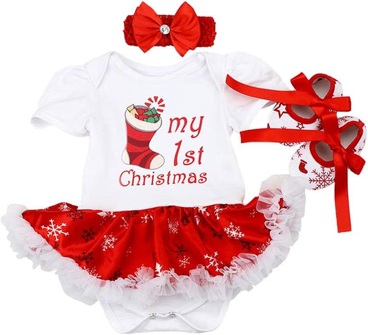 Baby Girls My First Christmas Outfit Newborn Infant 1St Xmas Princess Tutu Romper Dress + Headband + Shoes 3Pcs