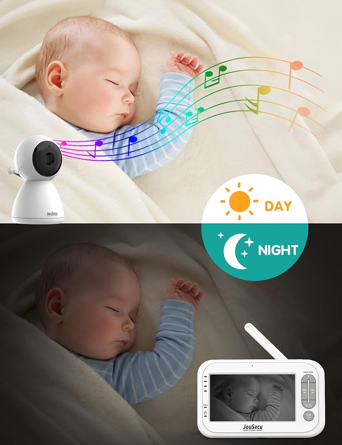 Baby Monitor with 2 Camera and Audio 4.3" LCD Split Screen 1000Ft Range Rechargeable Battery 2-Way Audio Baby Crying Detection Night Vision Temperature Detection (No Remote Pan-Tilt-Zoom Function)