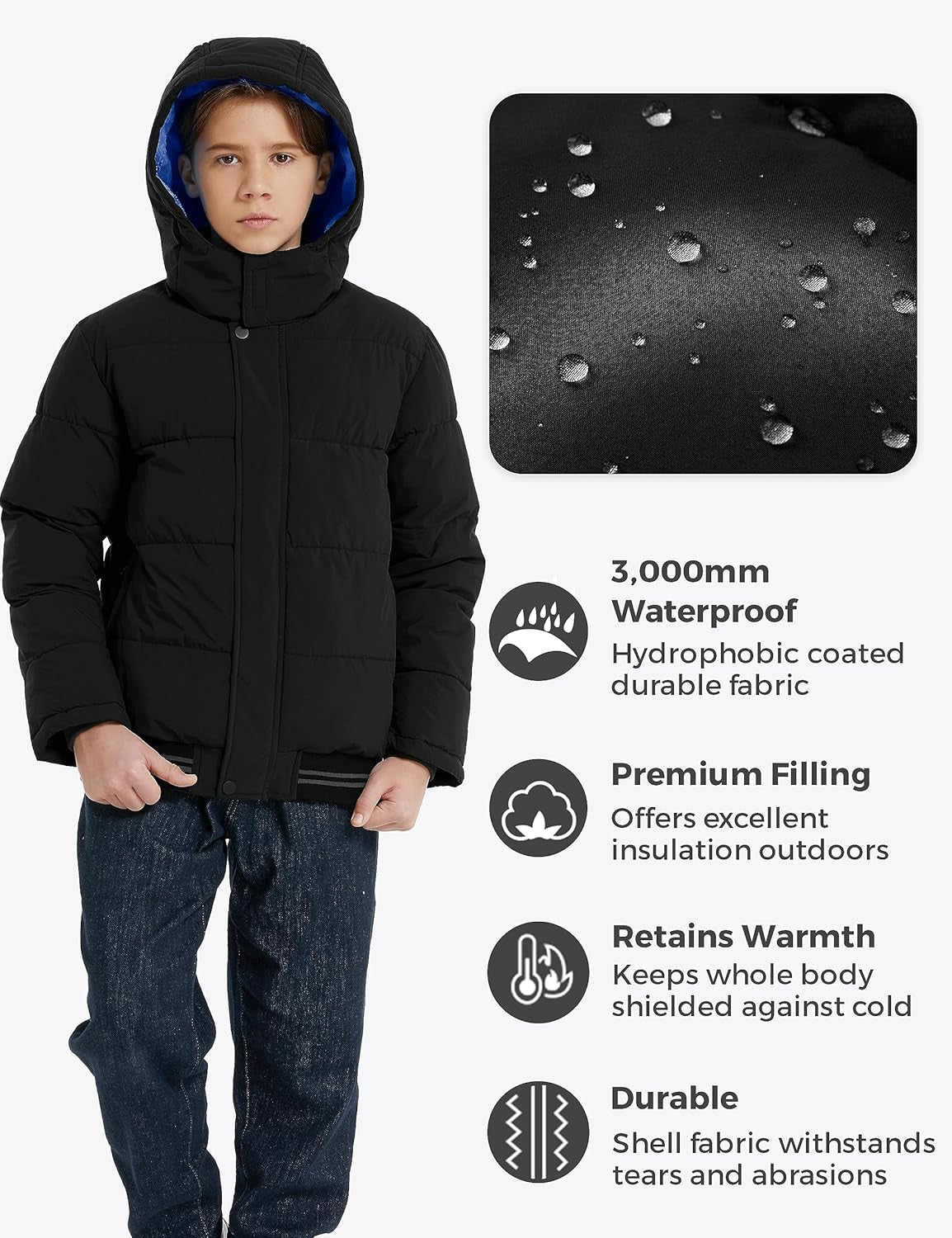 Boy'S Padded Winter Coat Water-Resistant Puffer Jacket with Removable Hood