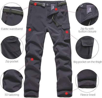 Boy'S Fleece Lined Hiking Pants Waterproof Windproof Warm Soft Shell Outdoor Cargo Pants Snow Ski Walking Trousers