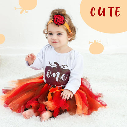 Baby Girl One 1St Birthday Outfits Pumpkin Long Sleeve Romper Tulle Tutu Skirt Headband Fall Clothes Set