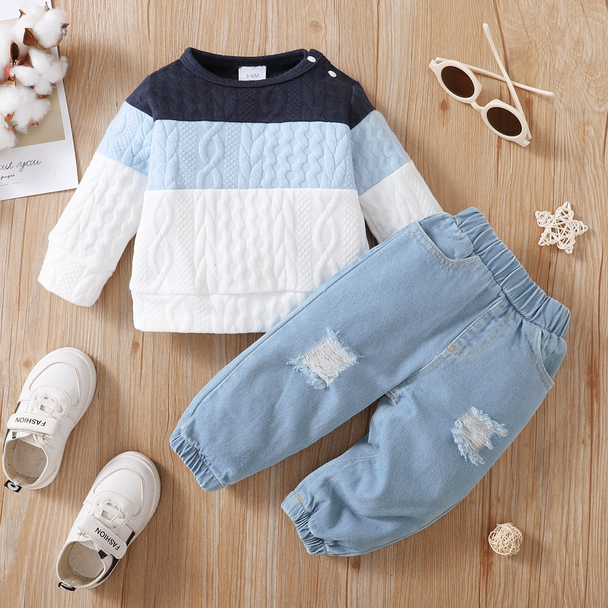 3 Months Baby Boys Clothes 6 Months Boys 2PCS Fall Winter Clothing Set round Neck Infant Boys Long Sleeve Top Denim Pants Set Blue