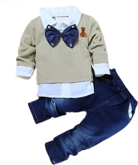 2Pcs Toddler Baby Boys Bow Tie Shirt Tops+Denim Pants Gentleman Clothes Outfits