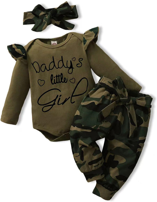 Baby Girl Clothes Set Daddys Little Girl Ruffle Romper Top Camouflage Pants Newborn Infant Baby Girl Outfit