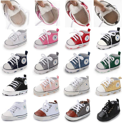 Unisex Baby Boys Girls High Top Sneaker Soft Anti-Slip Sole Newborn Infant First Walkers Canvas Denim Shoes